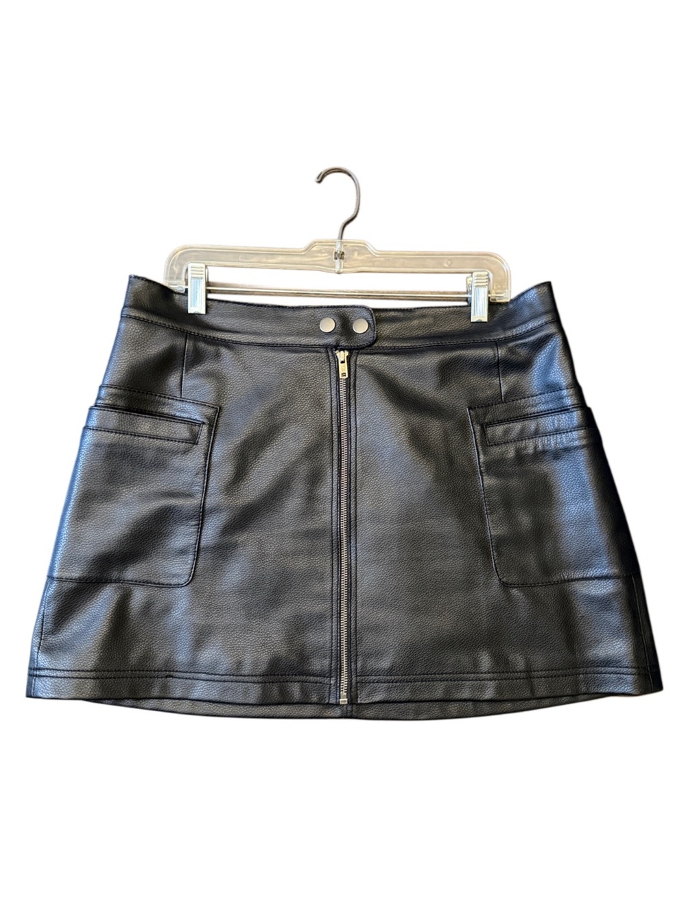 Black Faux Leather A-Line Zip Front Skirt with Pockets